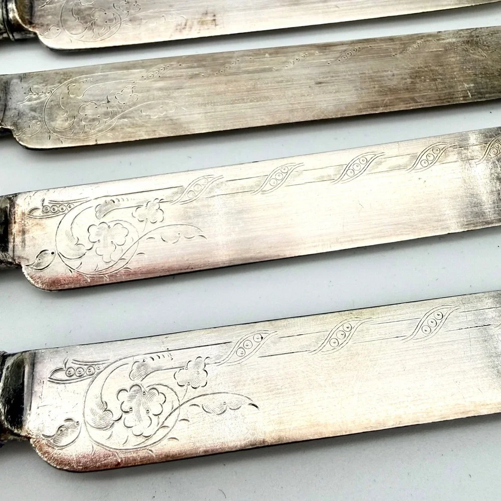 Antique Victorian Mother of Pearl Engraved Dessert Knives Set of 6 Silverplate